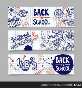 Back to school horizontal banners with hand drawn education symbols on squared paper background isolated vector illustration. Back To School Banners