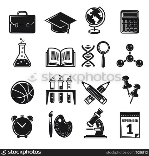 Back to school icons. Monochrome school symbols isolate. Education science, teaching icon set, globe and palette. Vector illustration. Back to school icons. Monochrome school symbols isolate