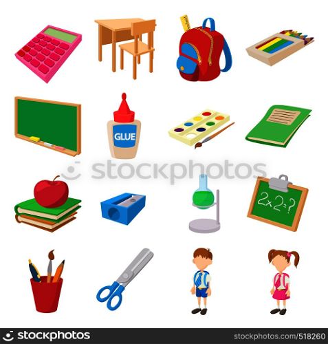 Back to school icons set in cartoon style isolated on white. Back to school icons set, cartoon style