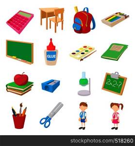 Back to school icons set in cartoon style isolated on white. Back to school icons set, cartoon style