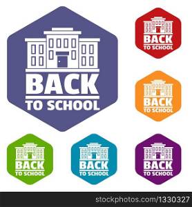 Back to school icons vector colorful hexahedron set collection isolated on white . Back to school icons vector hexahedron