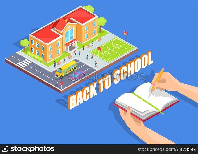 Back to School Illustration on Blue Background. Back to school isolated vector illustration on blue. Cartoon style educational institution and notebook held in left hand with pencil in right one