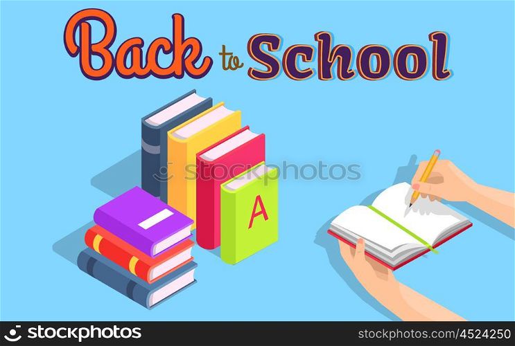 Back to School Illustration with Stack of Books. Back to school isolated vector illustration with stack of coursebooks. Cartoon style notebook held in left hand with pencil in right one