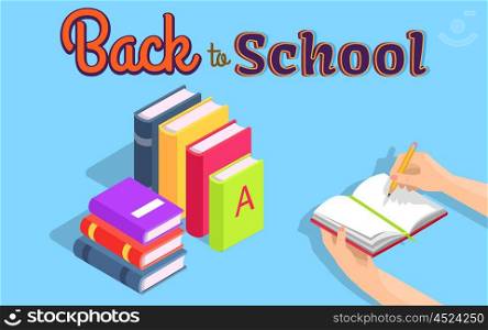 Back to School Illustration with Stack of Books. Back to school isolated vector illustration with stack of coursebooks. Cartoon style notebook held in left hand with pencil in right one