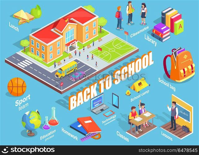 Back to School Illustration with Various Objects. Back to school 3d vector illustration with various objects on light blue. Cartoon style educational institution building and education-related icons