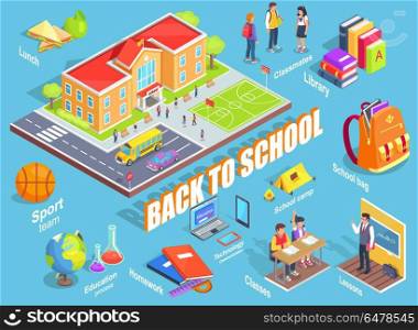 Back to School Illustration with Various Objects. Back to school 3d vector illustration with various objects on light blue. Cartoon style educational institution building and education-related icons