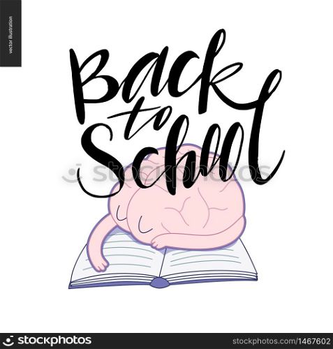 Back to school ink brush hand lettering. Flat vector cartoon illustration of a tired brain sleeping on the open book.. Back to school lettering