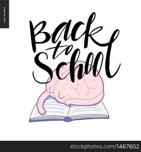 Back to school ink brush hand lettering. Flat vector cartoon illustration of a tired brain sleeping on the open book.. Back to school lettering