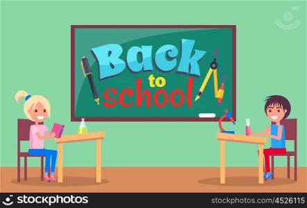 Back to School Inscription Written on Blackboard. Back to school poster with inscription written on blackboard and stationery objects as compass divider with pencil and pen in classroom with kids