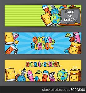 Back to school. Kawaii banners with cute education supplies. Back to school. Kawaii banners with cute education supplies.