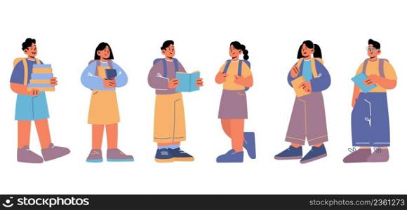 Back to school, kids students with backpacks and textbooks stand in row, boy and girls pupils reading books, education, learning and studying concept with children group, Line art vector illustration. Back to school, kid students with backpacks, books