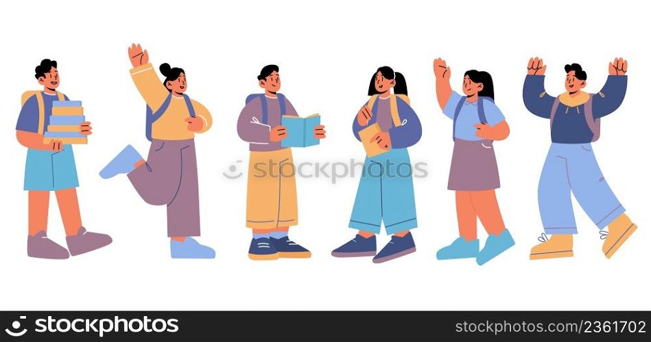 Back to school, kids students with backpacks and textbooks stand in row, boy and girls pupils reading books, education, learning and studying concept with children group, Line art vector illustration. Back to school, kid students with backpacks, books