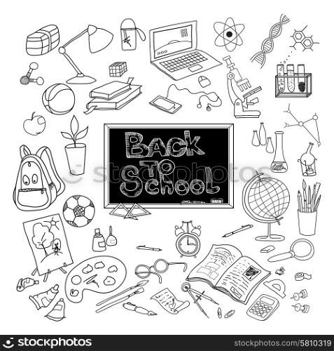 Back to school kit supplies and basic accessories for young scholar poster black doodle abstract vector illustration. Back to school doodle poster black