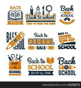 Back to school labels set. Vector monochrome badges isolate. Back to school learning study, insignia emblem sale illustration. Back to school labels set. Vector monochrome badges isolate