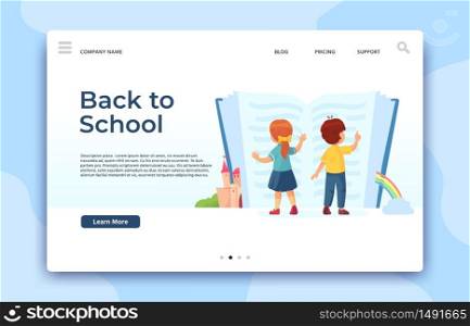 Back to School landing page. Education and study web page, kids read knowledge in book, learning children, vector illustration. Back to School landing page. Education and study web page