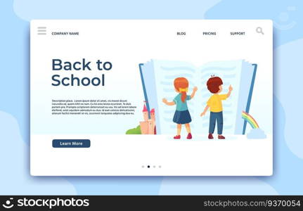 Back to School landing page. Education and study web page, kids read knowledge in book, learning children, vector illustration. Back to School landing page. Education and study web page