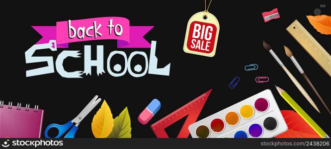 Back to school lettering and big sale tag with supplies. Offer or sale advertising design. Typed text, calligraphy. For leaflets, brochures, invitations, posters or banners.