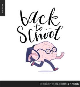 Back to school lettering. Flat cartoon vector illustration - a brain wearing glasses running with a schoolbag.. Back to school lettering