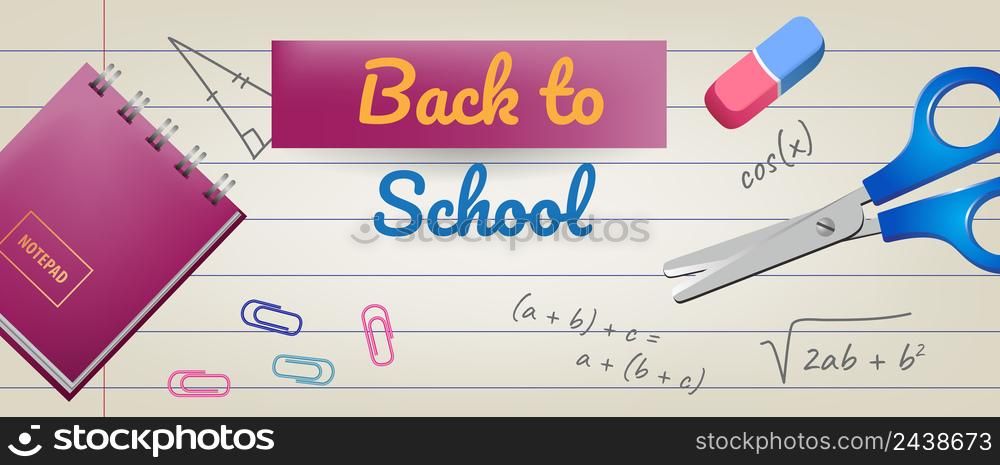 Back to school lettering on lined paper with eraser and scissors. Offer or sale advertising design. Handwritten text, calligraphy. For leaflets, brochures, invitations, posters or banners.
