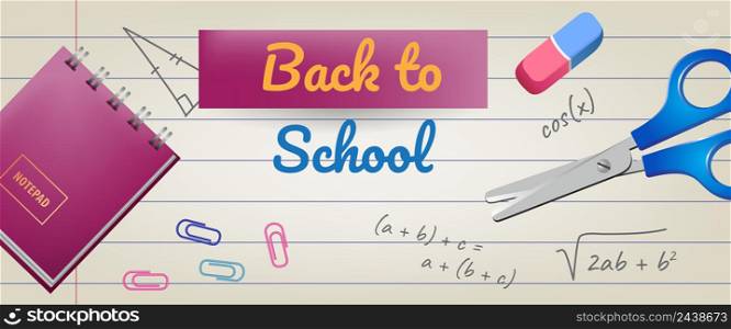 Back to school lettering on lined paper with eraser and scissors. Offer or sale advertising design. Handwritten text, calligraphy. For leaflets, brochures, invitations, posters or banners.
