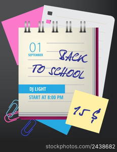 Back to school lettering with notebook and paper clips. Invitation design. Handwritten text, calligraphy. For leaflets, brochures, invitations, posters or banners.