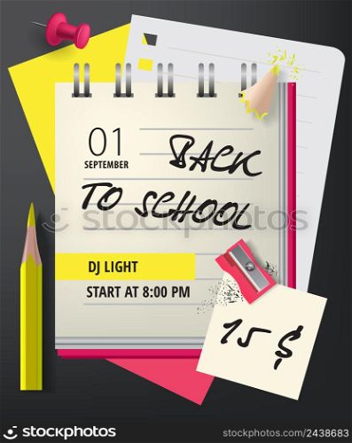 Back to school lettering with notebook and pencil sharpener. Invitation design. Handwritten text, calligraphy. For leaflets, brochures, invitations, posters or banners.