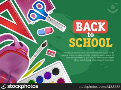 Back to school lettering with watercolor paints, scissors and backpack. Offer or sale advertising design. Typed text, calligraphy. For leaflets, brochures, invitations, posters or banners.