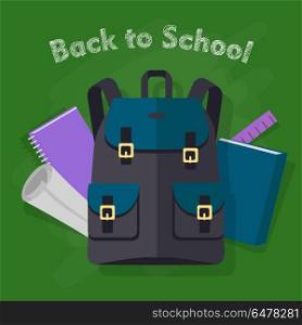 Back to School. Modern Black Backpack with Objects. Back to school. Contemporary blue-green backpack with two pockets and school objects behind. Violet notebook, dark blue book, ruler, list of paper on green background. Flat design. Vector illustration