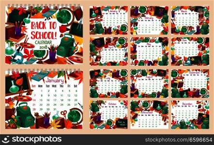Back to School monthly calendar template design of copybook, calculator and geometry globe map. Vector month calendar of school bag and lesson stationery pen or pencil with September autumn leaf. Back to School vector month calendar
