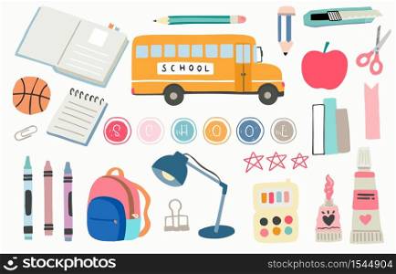back to school object with pencil,bus,book,pen,ball. illustration for logo,sticker,postcard,birthday invitation.Editable element