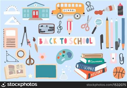 back to school object with pencil,bus,book,pen,ball,sharpener. illustration for logo,sticker,postcard,birthday invitation.Editable element