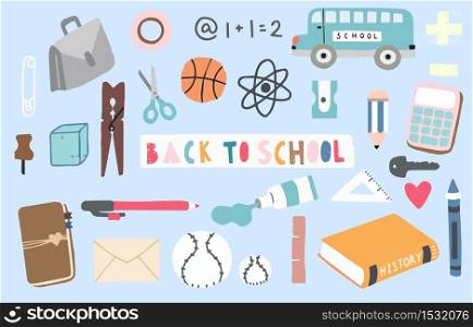 back to school object with pencil,bus,book,pen,ball,sharpener. illustration for logo,sticker,postcard,birthday invitation.Editable element
