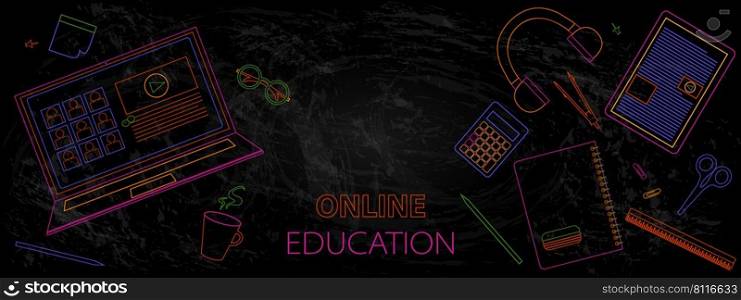 Back to school. Online education concept design with computer, tablet, laptop, school supplies. Neon color line art digital school icon background, coffee, headphone, calculator