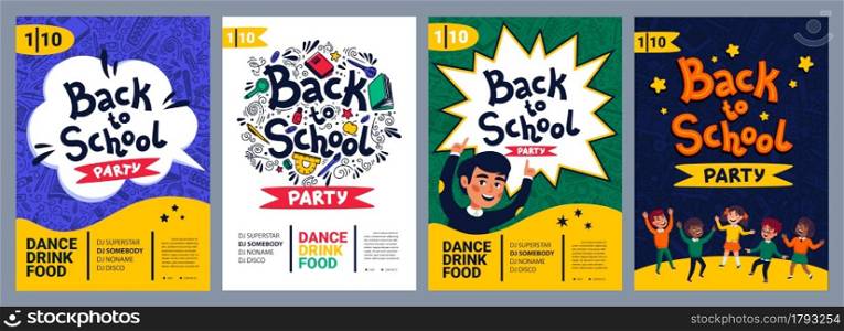 Back to school party posters set. School dance party flyer. Flat style vector illustration. Back to school party poster. School dance party flyer.