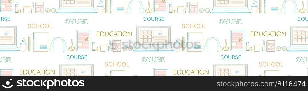 Back to school pattern. Online digital education, school, course concept seamless background design, line art style with computer, notebook, headset, coffee, calculator, distance classroom