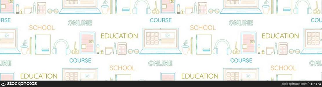 Back to school pattern. Online digital education, school, course concept seamless background design, line art style with computer, notebook, headset, coffee, calculator, distance classroom