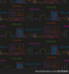 Back to school pattern. Online digital education, school, course concept seamless background design, neon color line art style with computer, notebook, headset, coffee, calculator, distance classroom