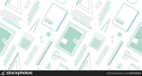 Back to school pattern. Online digital education, school supplies, course concept seamless background design,  line art style with digital tablet, calculator, classroom