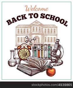Back To School Poster. Back to school poster with colorful tools for studying and school in the background with blue frame sketch hand drawn vector illustration