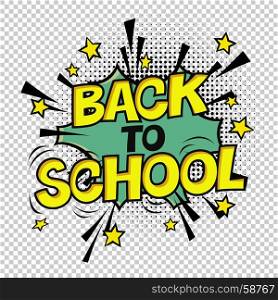 Back to school poster. Comic retro yellow alphabet. Halftone background and decorative elements.