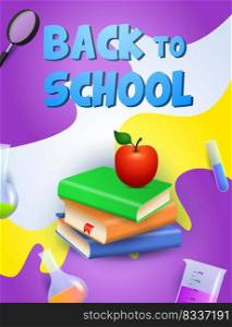 Back to school poster design. Books, apple, chemical beakers, magnifying glass on colorful background. Vector illustration can be used for banners, ads, signs