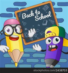 Back to school poster design. Cartoon pencils at board with random chalk drawings Text can be used for signs, brochures, banners