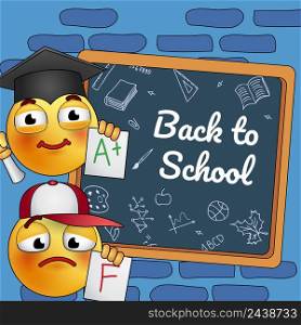 Back to school poster design. Cartoon studying smiley at board with random chalk drawings Text can be used for signs, brochures, banners