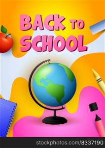 Back to school poster design. Globe, apple, notebook, ruler, crayon on colorful background. Vector illustration can be used for banners, ads, signs