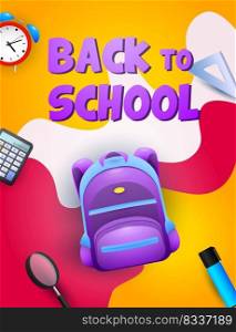 Back to school poster design. Purple backpack, alarm clock, calculator, ruler, marker pen on colorful background. Vector illustration can be used for banners, ads, signs