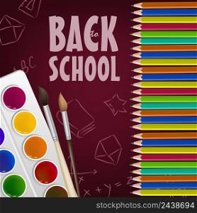 Back to school poster design with colored pencils, paint box, brushes and random chalk drawings on maroon background. Text can be used for signs, brochures, banners