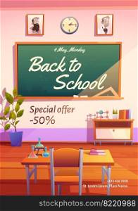 Back to school poster. Flyer with special offer for education and study. Vector cartoon illustration of classroom with text on green chalkboard, desk with chair and books. Back to school vector cartoon poster