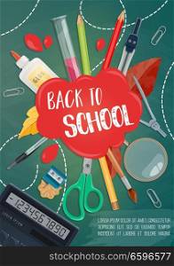 Back to School poster of mathematics, geometry and chemistry lesson stationery. Vector color pencils, chemical test beaker or calculator and scissors with paint brush for autumn school sale design. Back to school education season stationery poster