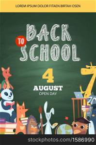 Back to school poster. Open day party event invitation placard pictures of funny school cartoon animals vector banner flyer. Illustration of back school poster with fox and owl, hedgehog and giraffe. Back to school poster. Open day party event invitation placard pictures of funny school cartoon animals vector banner flyer template