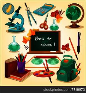 Back to School poster. School supplies and stationery vector icons and elements. Green blackboard, globe, backpack, books, microscope, watercolor paints for welcome banner, shop sale banner. Back to school poster with stationery vector icons